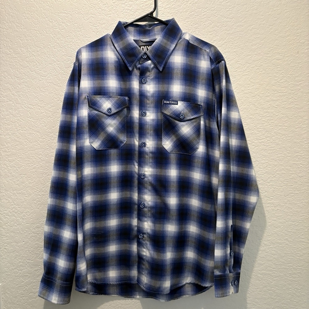 Dixxon Flannel Shirt Mens Large DOG TOWN Black Blue White Plaid Pearl Snap LS